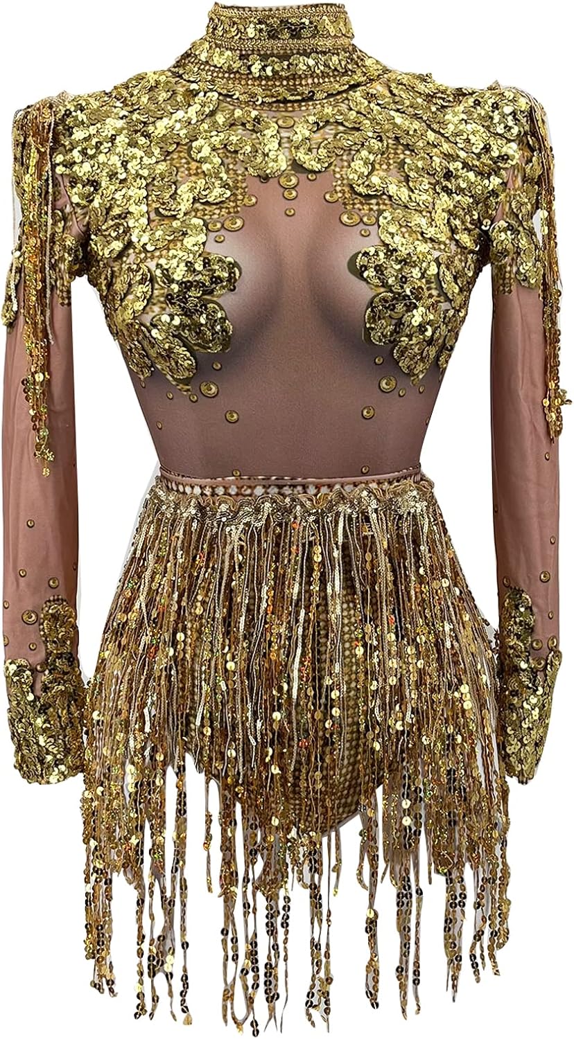 Amazon.com: Shiny Silver Gold Crystals Bodysuit Women Fringe